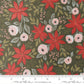 A fabric swatch for quilting cuddle. It has red and white flowers with winter greenery on a deep green background with a ruler for scale.