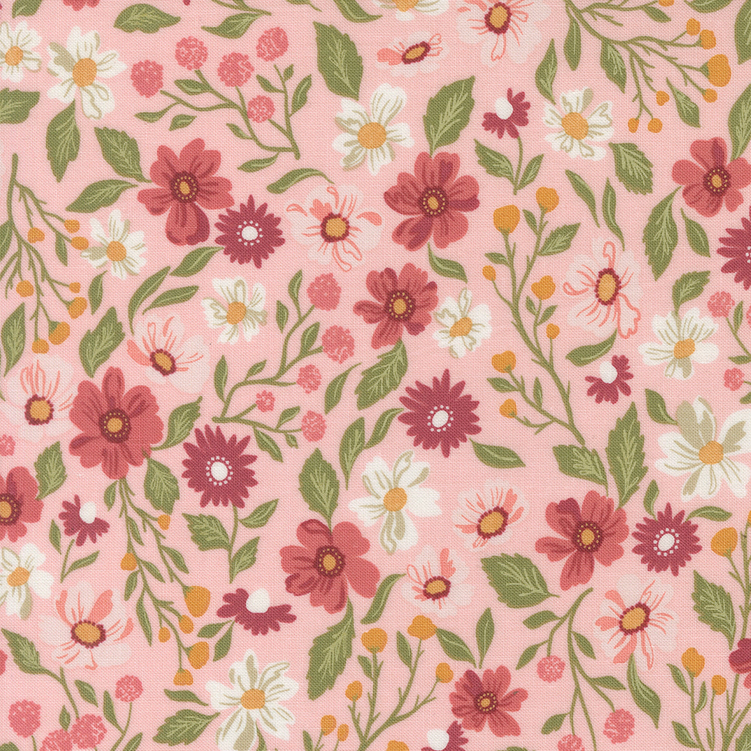 Pink Floral Fabric with Flowers in White and Pink. 100% Cotton from Wild Honey by Lella Boutique for Moda Fabrics.