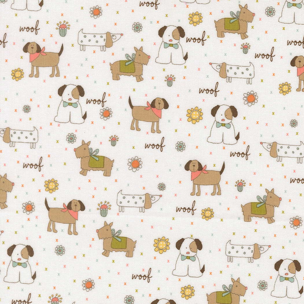 Pattern of cartoon dogs and 'woof' text on a white background
