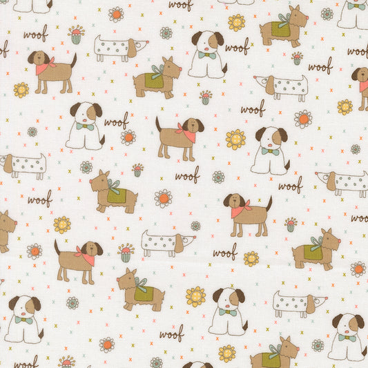 Pattern of cartoon dogs and 'woof' text on a white background