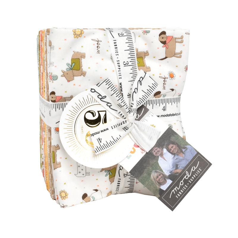 Fat Quarter bundle featuring Lucky by Sweetwater for Moda Fabrics. Bundle is wrapped in white ruler ribbon.