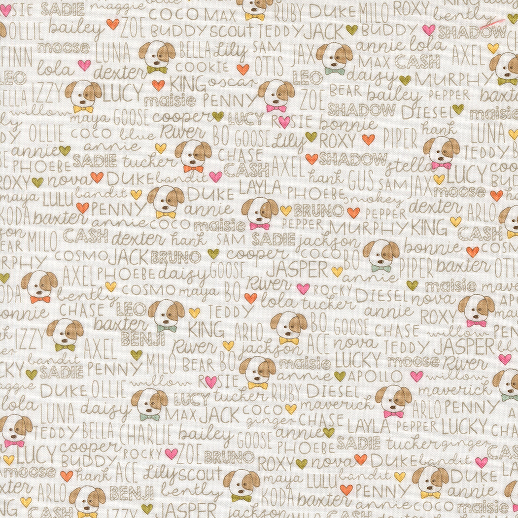 Pattern of cartoon dogs and dog names on a light background