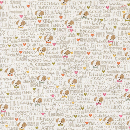 Pattern of cartoon dogs and dog names on a light background