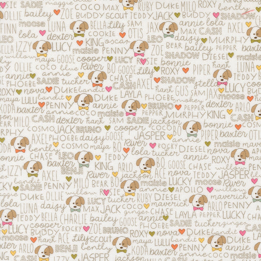 Pattern of cartoon dogs and dog names on a light background