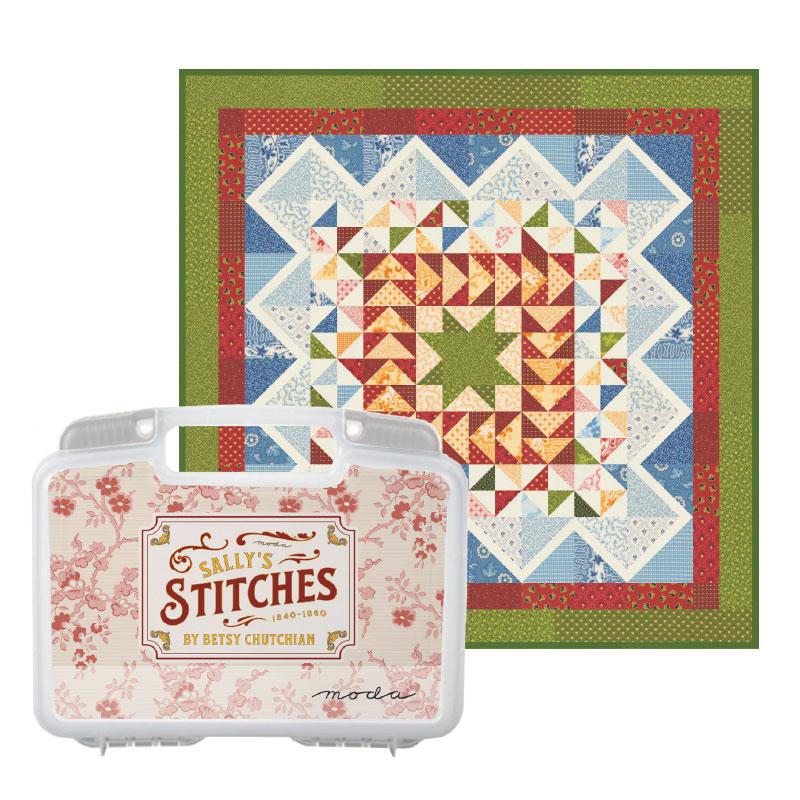 Colorful quilt with geometric pattern and 'Sally's Stitches' collector's box on a white background