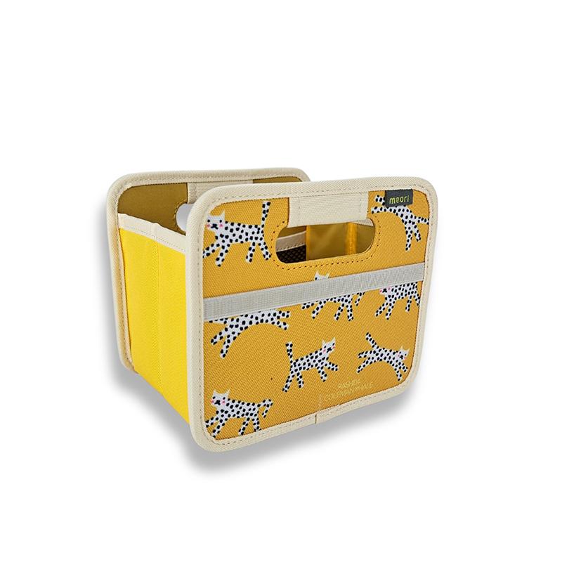 Mini Yellow storage bin with snow leopard pattern on a white background
