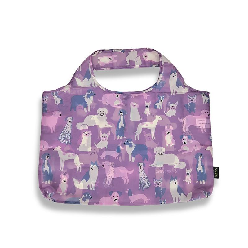 Purple reusable bag with dog pattern on a white background
