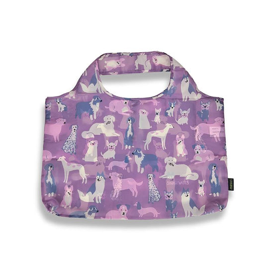Purple reusable bag with dog pattern on a white background