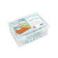 Clear plastic box containing clips with letters and numbers on them and a white background