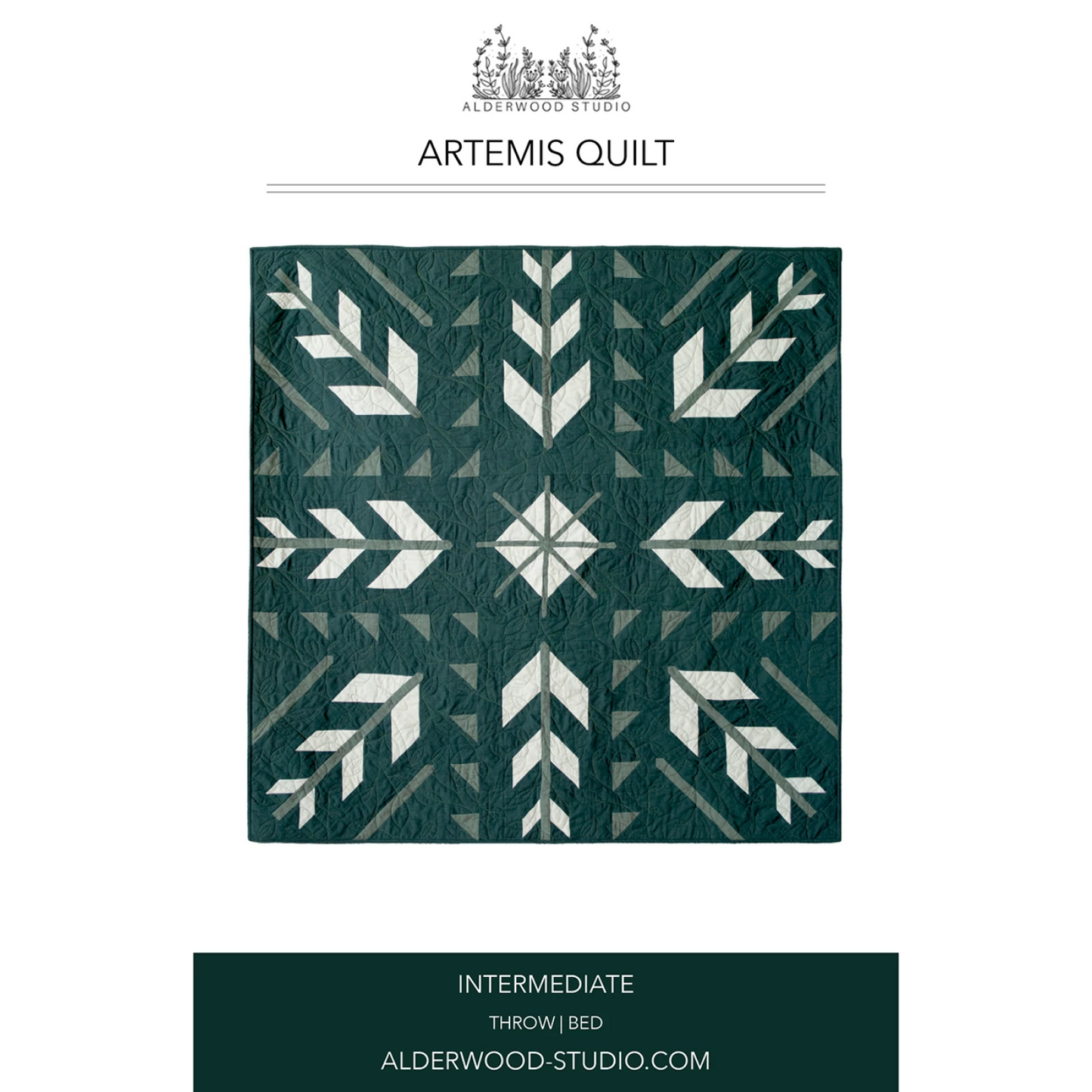 Artemis quilt with geometric pattern on a white background, featuring Alderwood Studio logo.