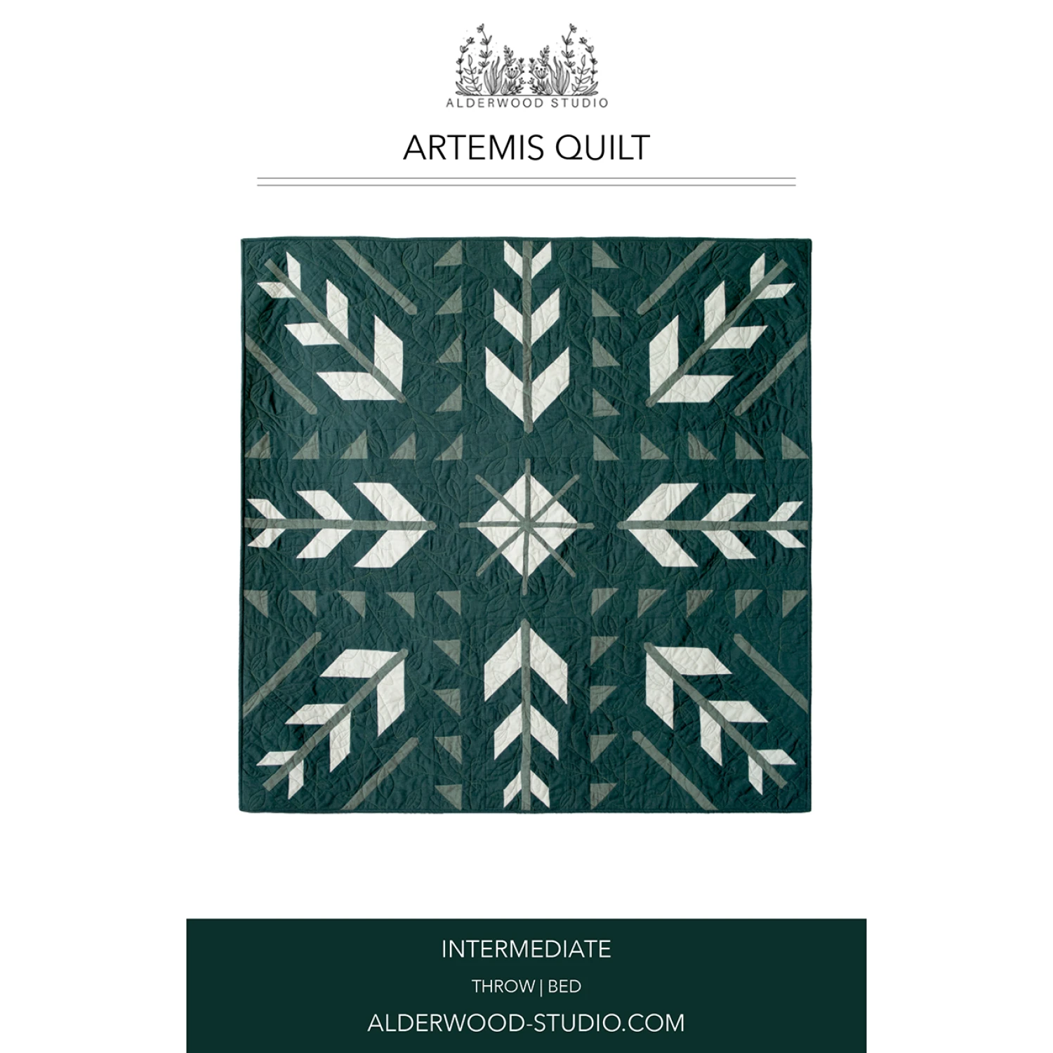 Artemis quilt with geometric pattern on a white background, featuring Alderwood Studio logo.