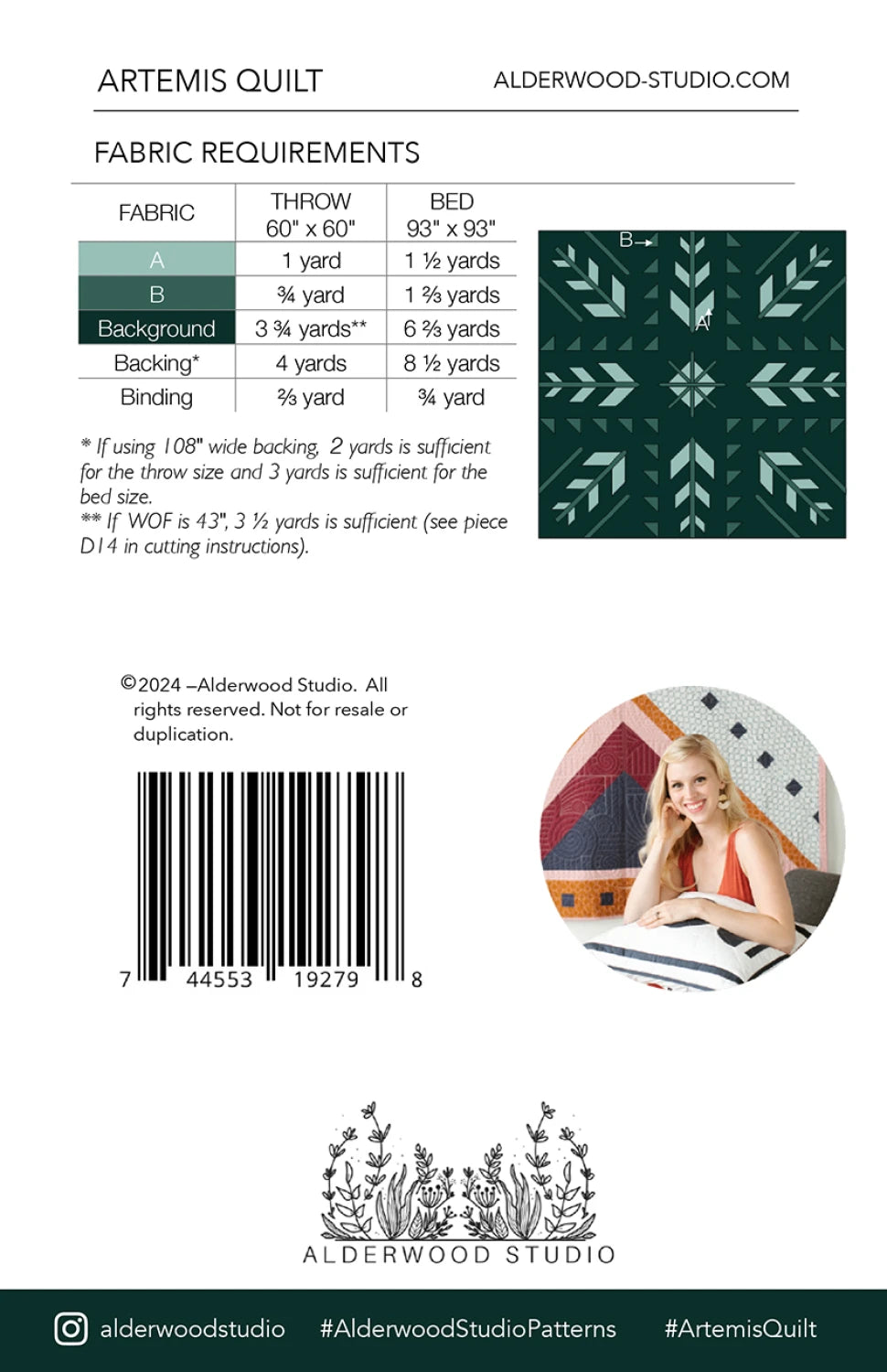 Fabric requirements chart for Artemis Quilt with design and branding information.