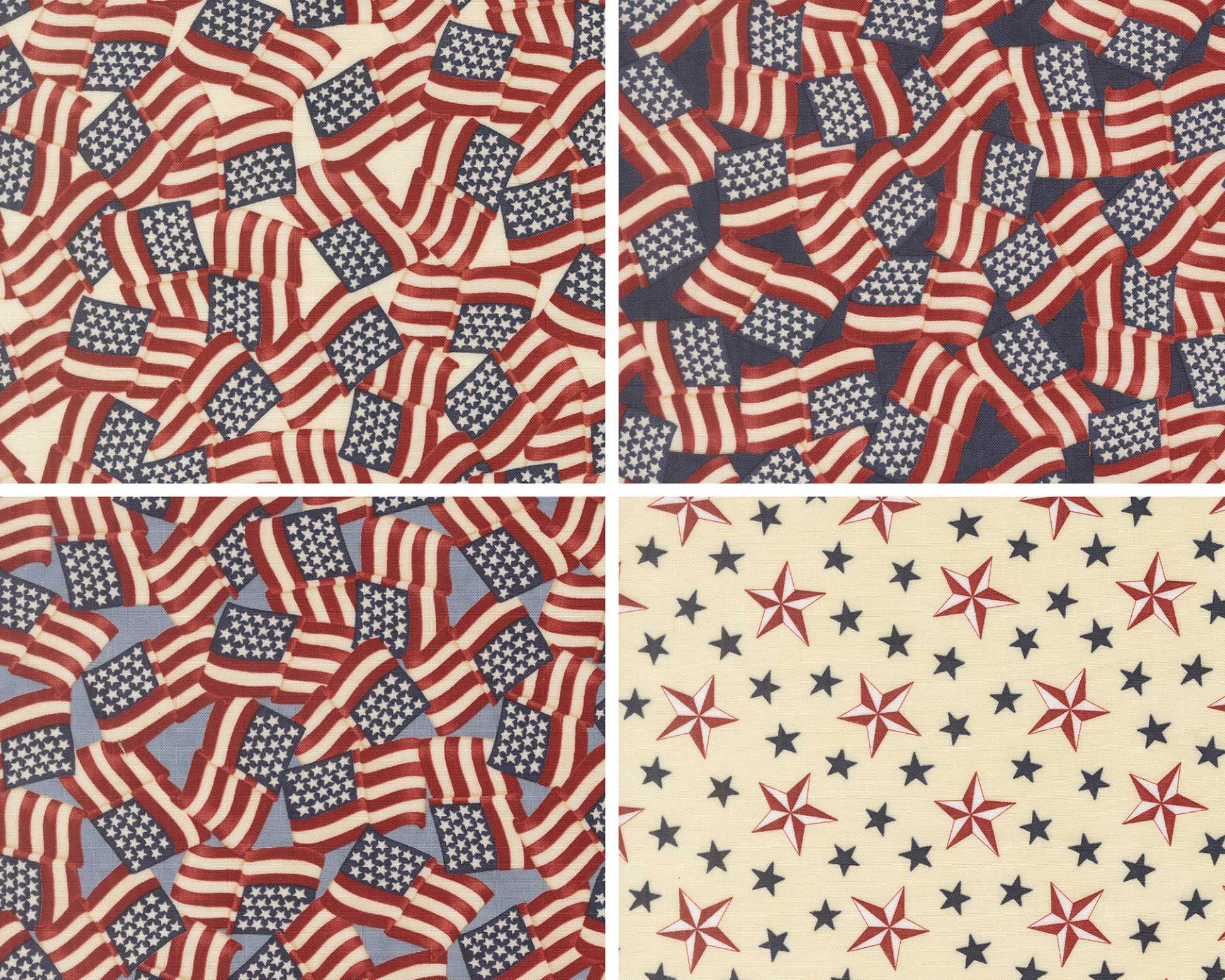 Four patterns from the America 250 Years fabric line by Deb Strain for Moda Fabrics. 3 fabrics feature tossed American flags on white and blue backgrounds, and the last shows  red and blue star designs on a cream background. 