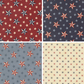 Four Patterns from the America 250 fabric line by Deb Strain for Moda Fabrics. 3 fabrics have two sizes of stars on red or blue backgrounds. The last fabric shows small red and blue stars on a cream background.
