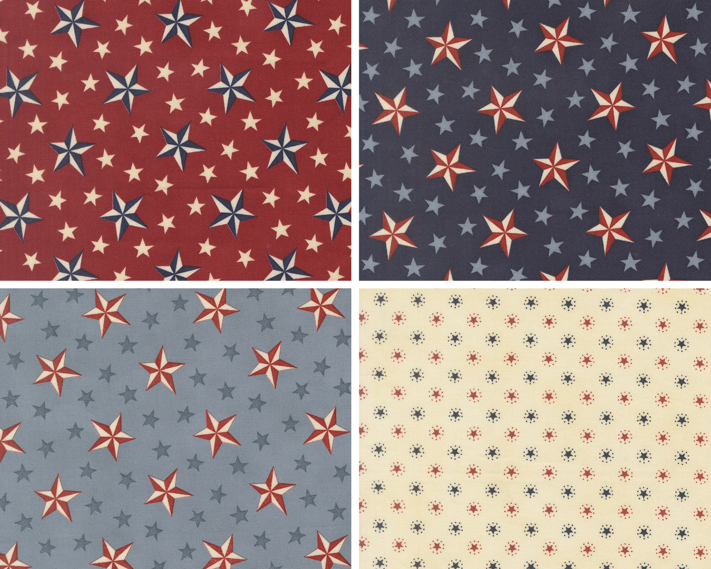 Four Patterns from the America 250 fabric line by Deb Strain for Moda Fabrics. 3 fabrics have two sizes of stars on red or blue backgrounds. The last fabric shows small red and blue stars on a cream background.
