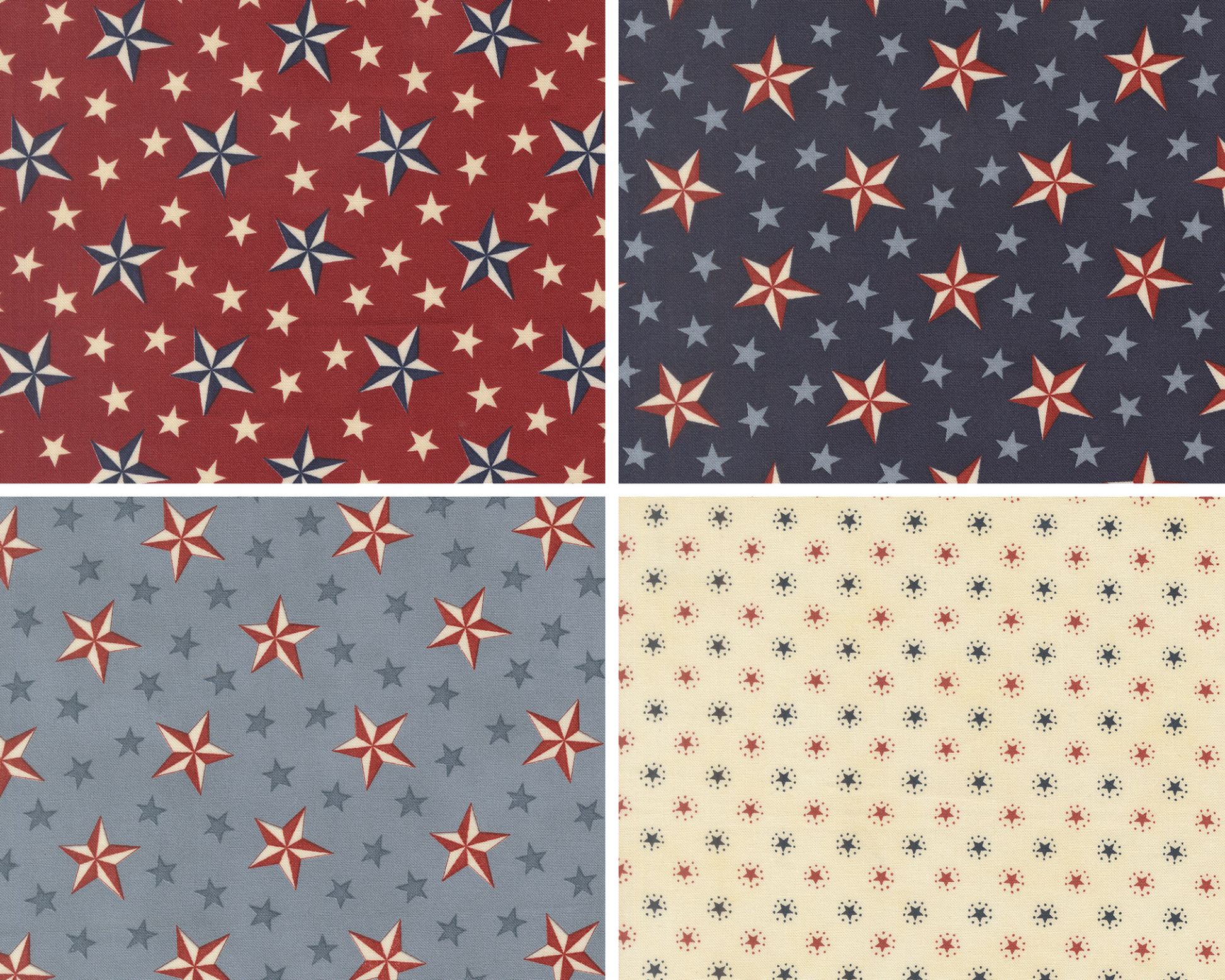 Four Patterns from the America 250 fabric line by Deb Strain for Moda Fabrics. 3 fabrics have two sizes of stars on red or blue backgrounds. The last fabric shows small red and blue stars on a cream background.