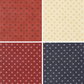 Four fabric patterns from America 250 Years by Deb Strain for Moda Fabrics. Each fabrics has small rustic stars surrounded by a circle of dots on red, cream, and blue backgrounds.