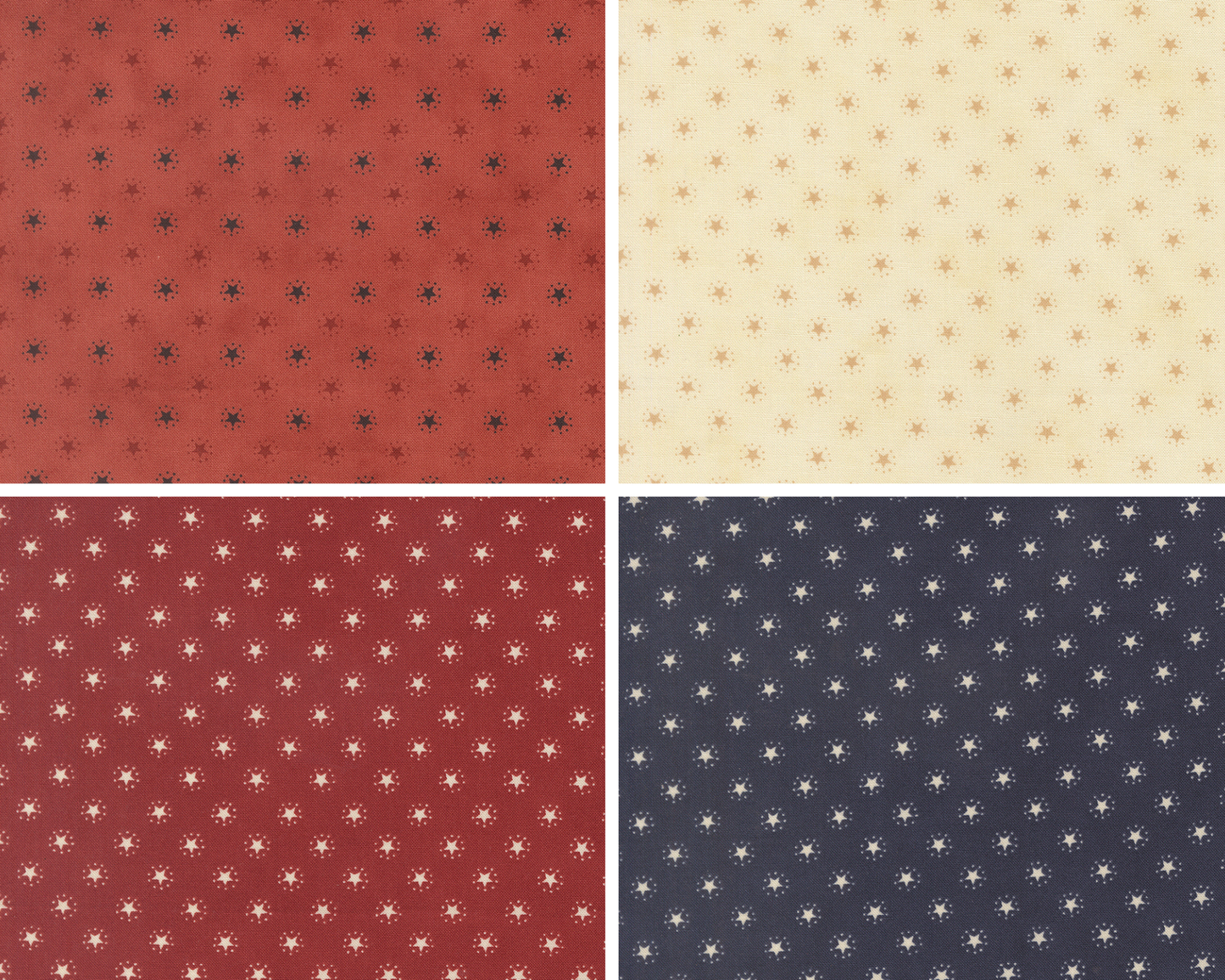Four fabric patterns from America 250 Years by Deb Strain for Moda Fabrics. Each fabrics has small rustic stars surrounded by a circle of dots on red, cream, and blue backgrounds.