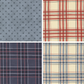Four fabrics from the America 250 line by Deb Strain for Moda Fabrics. One fabric has small dark blue stars on a light blue background. The other three are patriotic themed plaids in red, white, and blue.