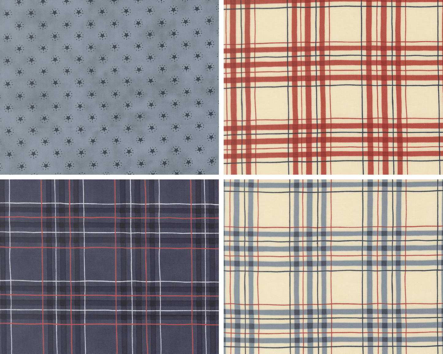 Four fabrics from the America 250 line by Deb Strain for Moda Fabrics. One fabric has small dark blue stars on a light blue background. The other three are patriotic themed plaids in red, white, and blue.
