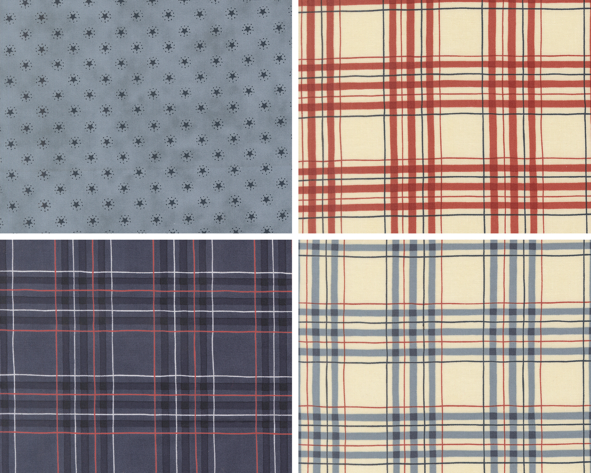Four fabrics from the America 250 line by Deb Strain for Moda Fabrics. One fabric has small dark blue stars on a light blue background. The other three are patriotic themed plaids in red, white, and blue.