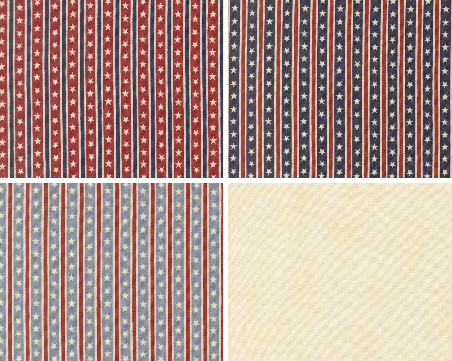A collection of four fabrics from the America 250 Years line by Deb Strain for Moda Fabrics. 3 fabrics feature vertical stripes of stars, the last is a cream tonal basic.