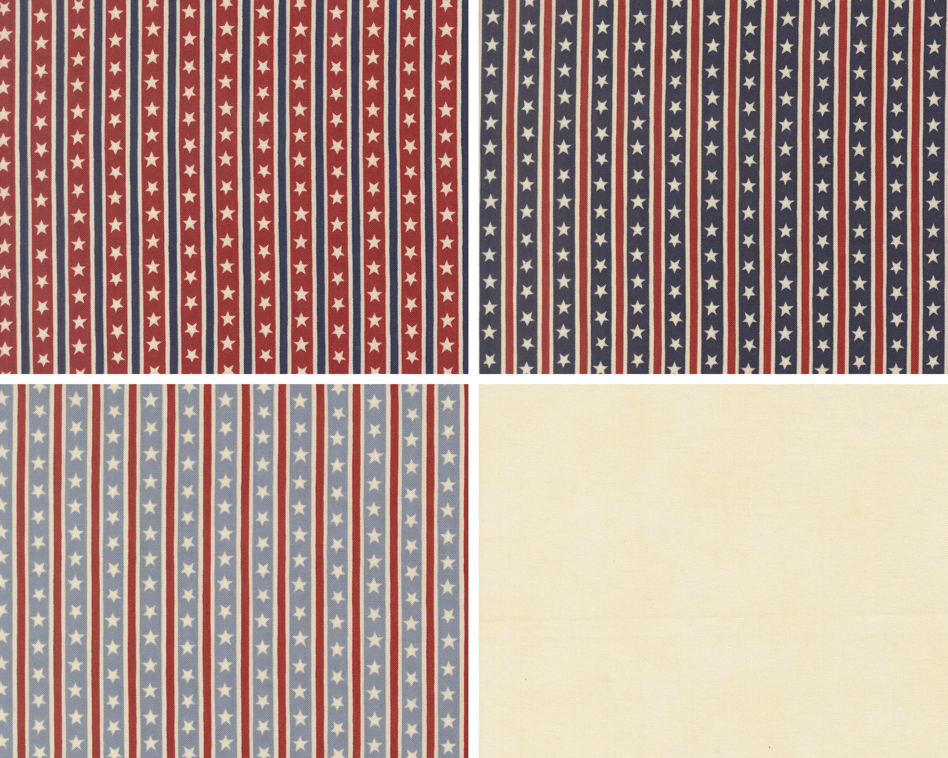 A collection of four fabrics from the America 250 Years line by Deb Strain for Moda Fabrics. 3 fabrics feature vertical stripes of stars, the last is a cream tonal basic.