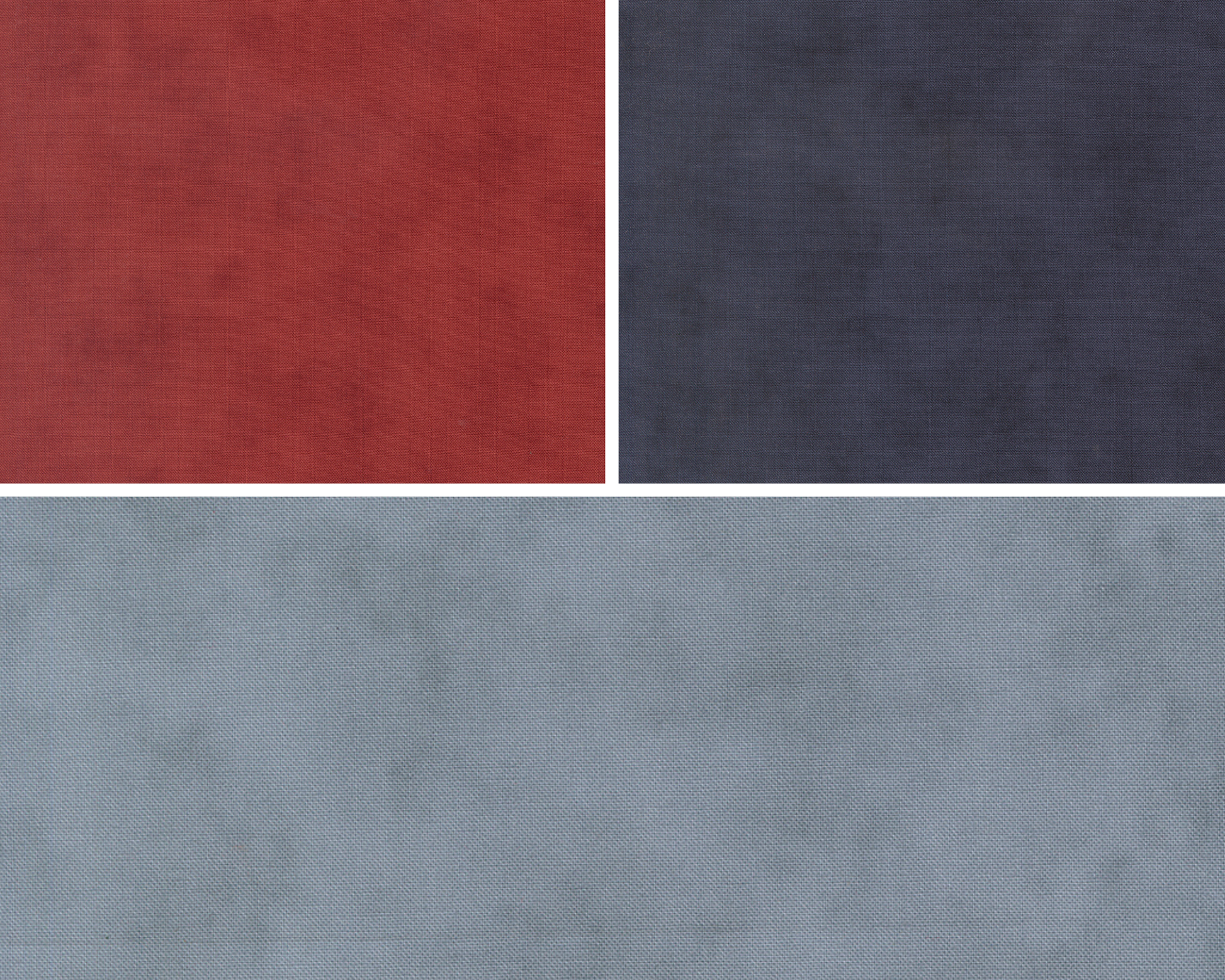 Three fabrics from the America 250 Years collection by Deb Strain for Moda Fabrics. They are blue and red tonal shaded solids.