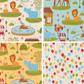 Three different patterns featuring animals and treats at the circus. The backgrounds are white, blue and yellow. A fourth pattern shows balloons on a white background.