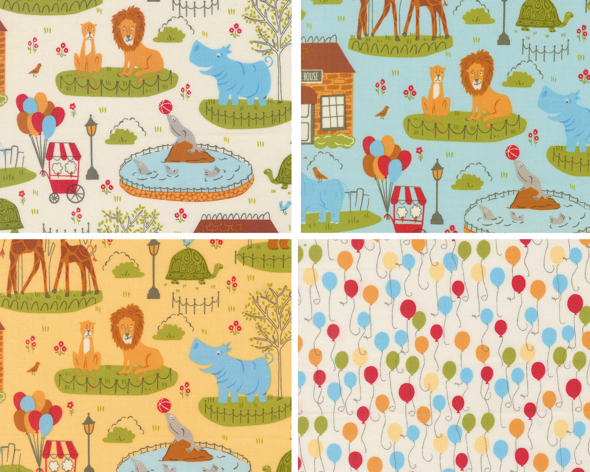 Three different patterns featuring animals and treats at the circus. The backgrounds are white, blue and yellow. A fourth pattern shows balloons on a white background.