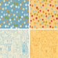Two different patterns featuring balloons on a solid blue or yellow background. Two other fabric swatches show linework animal heads on white or yellow backgrounds.