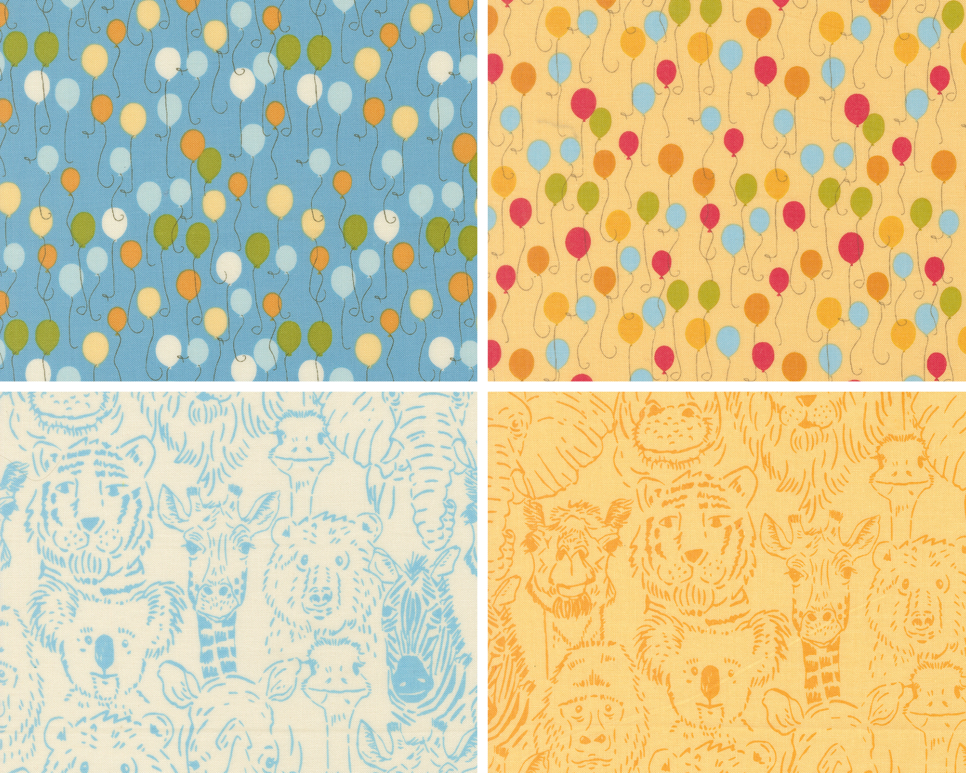 Two different patterns featuring balloons on a solid blue or yellow background. Two other fabric swatches show linework animal heads on white or yellow backgrounds.