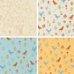 Four fabric swatches in a grid. The first fabric shows linework animal heads on a sand colored background. The other three have cute drawings of birds and flowers on white, blue, and yellow backgrounds.