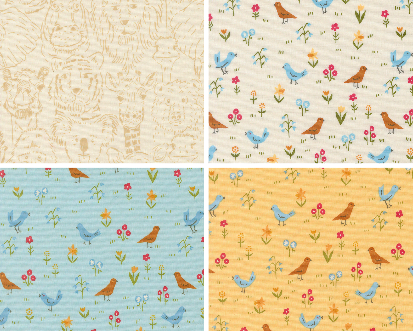 Four fabric swatches in a grid. The first fabric shows linework animal heads on a sand colored background. The other three have cute drawings of birds and flowers on white, blue, and yellow backgrounds.