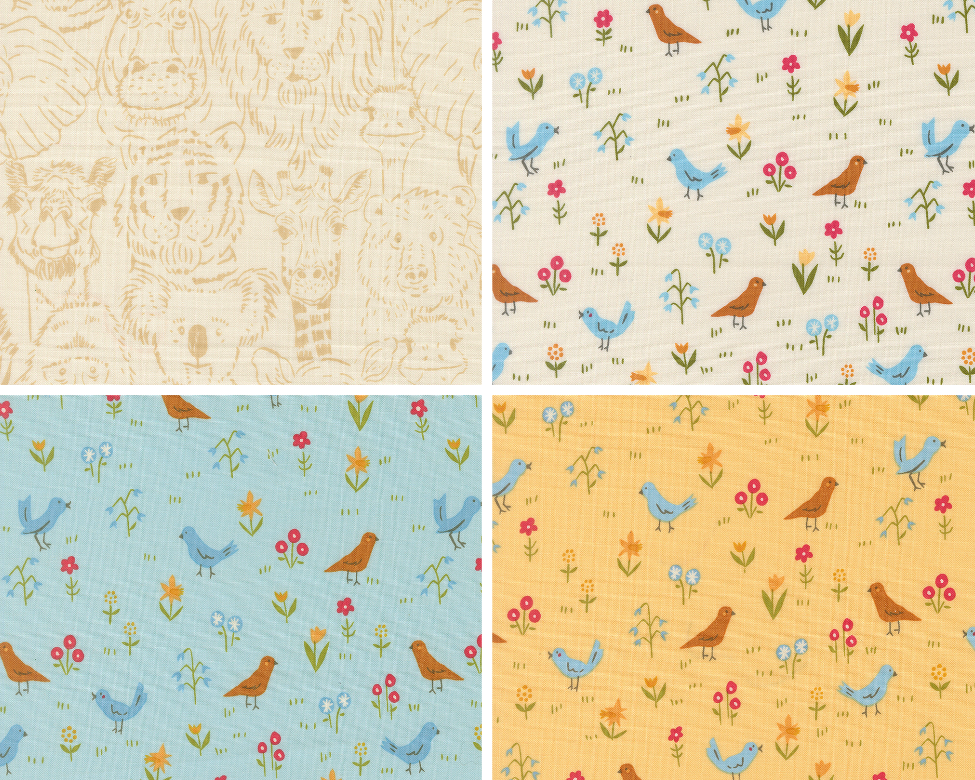 Four fabric swatches in a grid. The first fabric shows linework animal heads on a sand colored background. The other three have cute drawings of birds and flowers on white, blue, and yellow backgrounds.