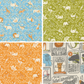 Four different fabric swatches in a grid. The first three swatches show animals in a diagonal pattern of vines. The fourth fabric swatch shows vintage style tickets and circus advertisements.