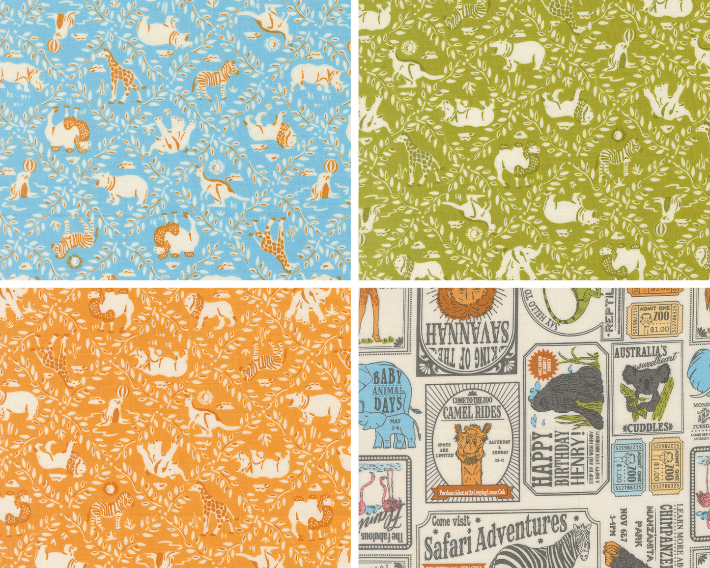 Four different fabric swatches in a grid. The first three swatches show animals in a diagonal pattern of vines. The fourth fabric swatch shows vintage style tickets and circus advertisements.