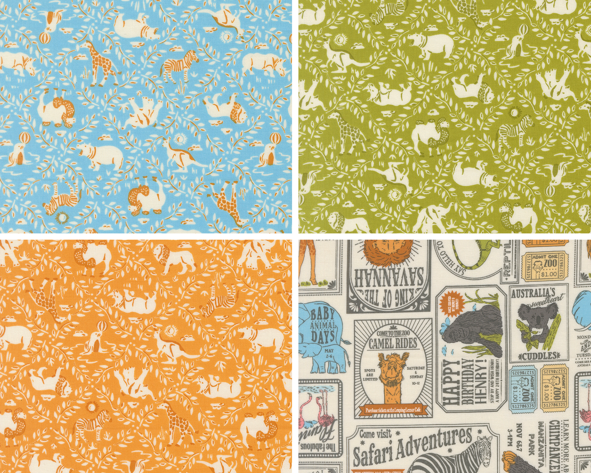 Four different fabric swatches in a grid. The first three swatches show animals in a diagonal pattern of vines. The fourth fabric swatch shows vintage style tickets and circus advertisements.