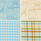 Four different fabric swatches from Animal Park Fun. The first two fabrics show vintage style circus advertisements and tickets. The other two fabrics show gingham plaids.