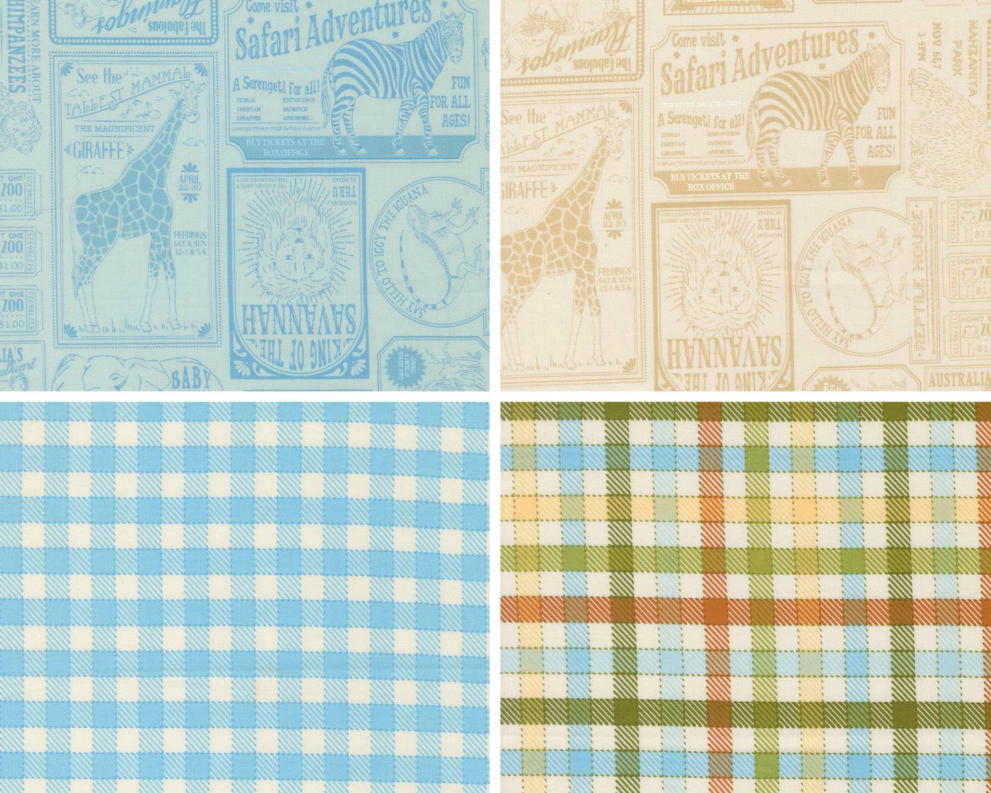 Four different fabric swatches from Animal Park Fun. The first two fabrics show vintage style circus advertisements and tickets. The other two fabrics show gingham plaids.