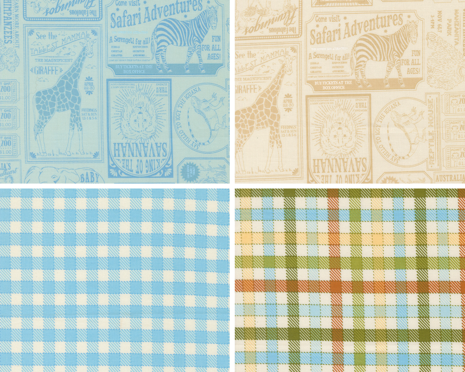 Four different fabric swatches from Animal Park Fun. The first two fabrics show vintage style circus advertisements and tickets. The other two fabrics show gingham plaids.