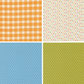 Four fabric swatches from Animal park fun. The first is a red and white plaid. The other three fabrics are small polka dots on white, blue, and green backgrounds.