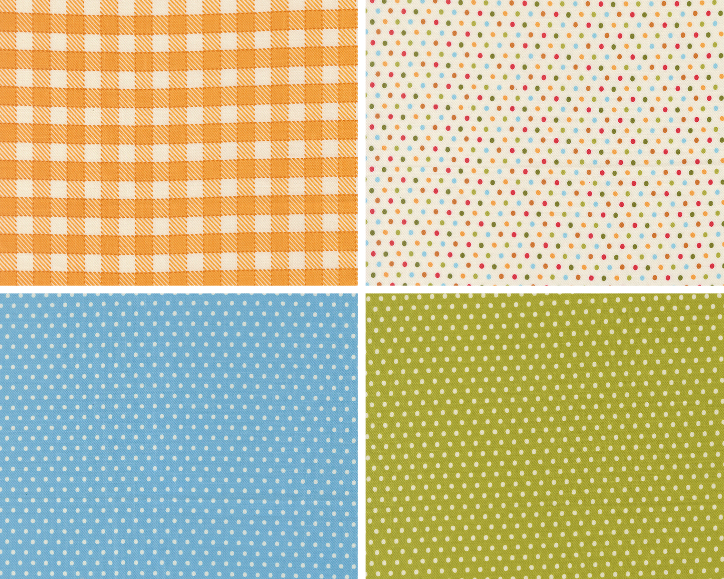 Four fabric swatches from Animal park fun. The first is a red and white plaid. The other three fabrics are small polka dots on white, blue, and green backgrounds.