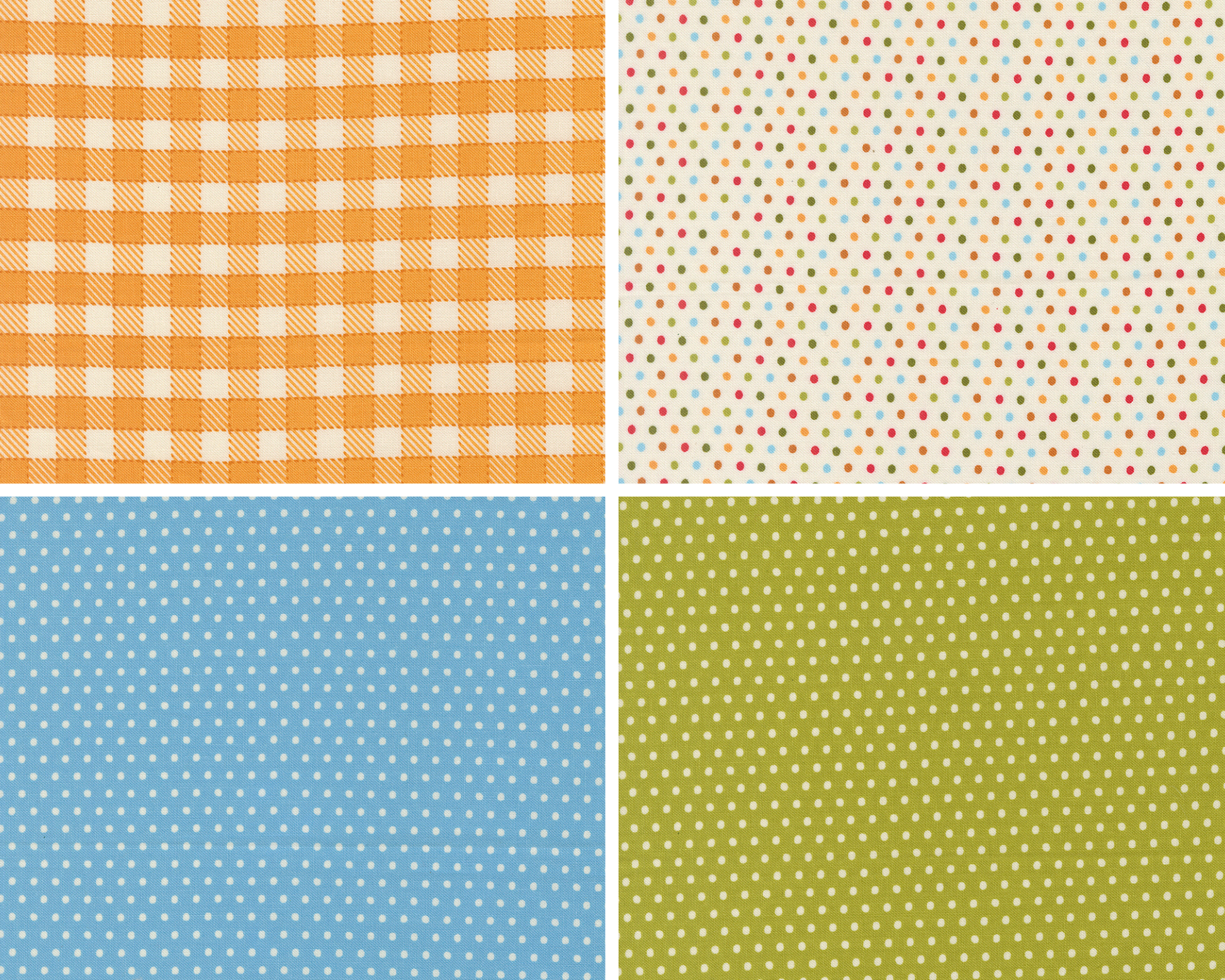 Four fabric swatches from Animal park fun. The first is a red and white plaid. The other three fabrics are small polka dots on white, blue, and green backgrounds.