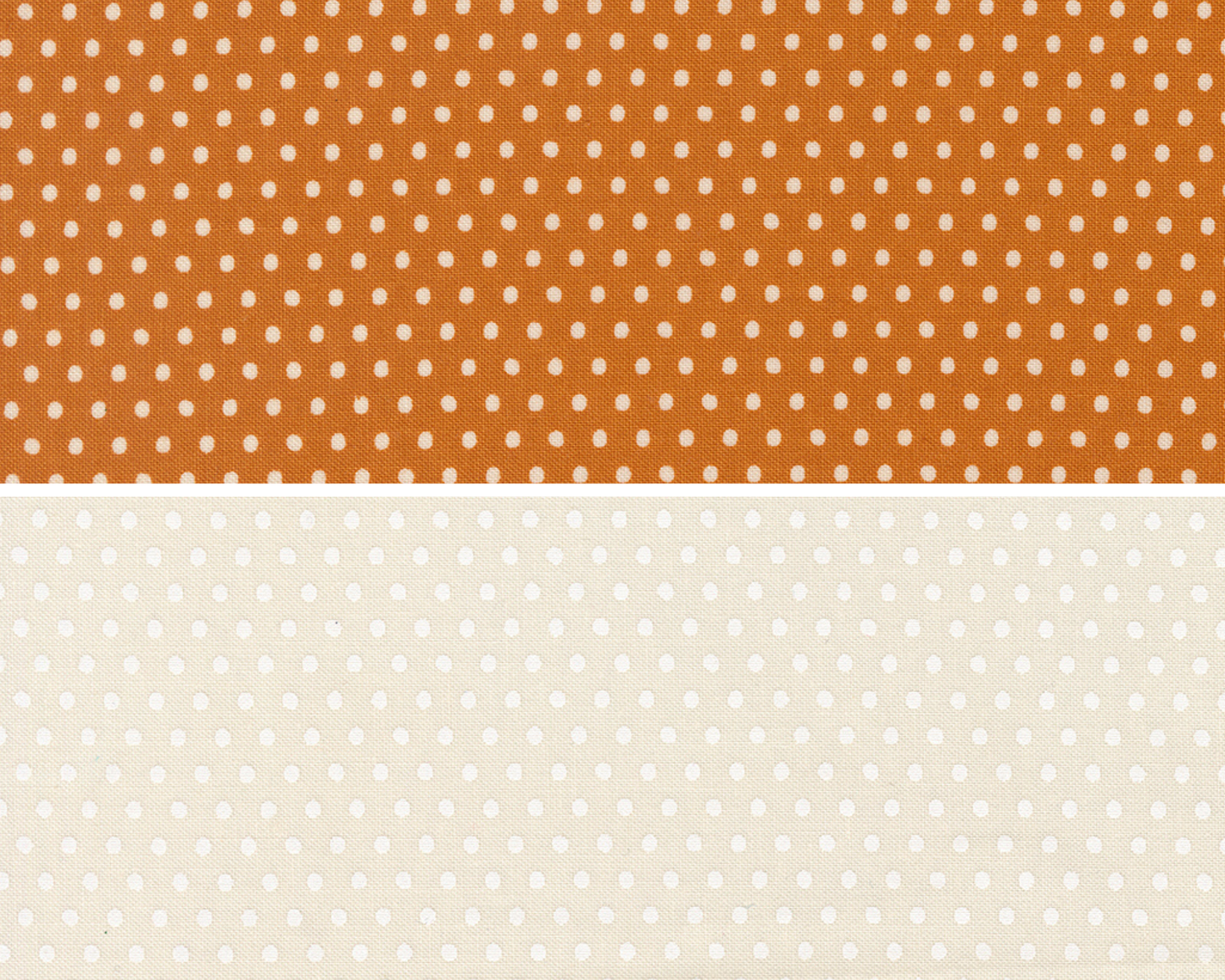 Two fabric swatches from the Animal Park Fun line. Each shows polka dots on an orange, or white solid background.