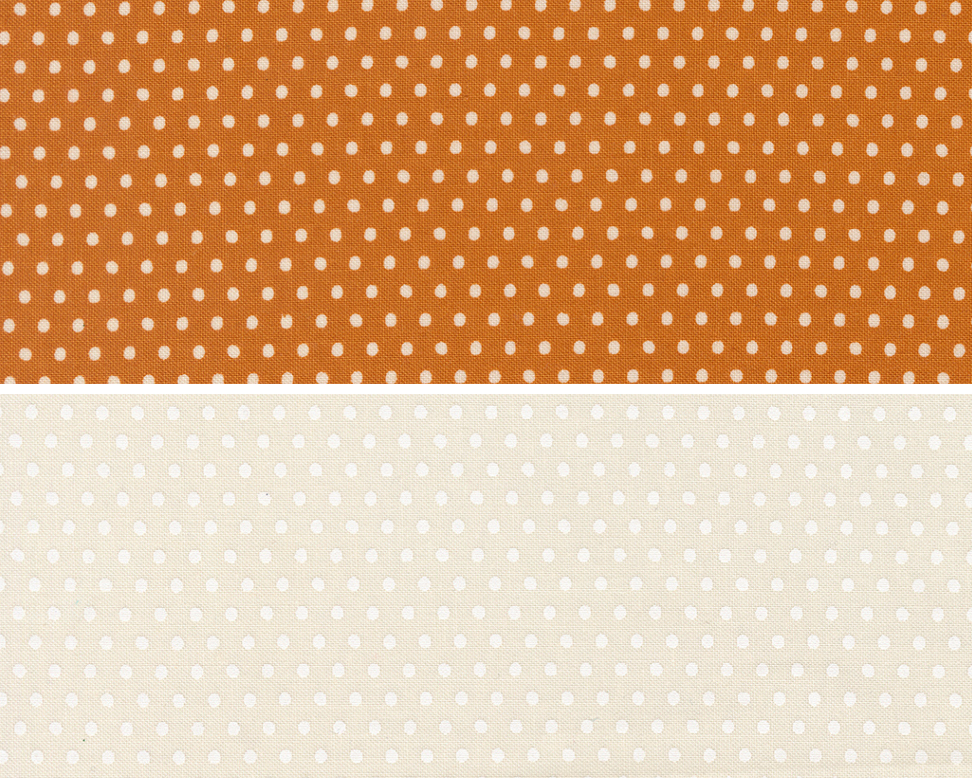 Two fabric swatches from the Animal Park Fun line. Each shows polka dots on an orange, or white solid background.