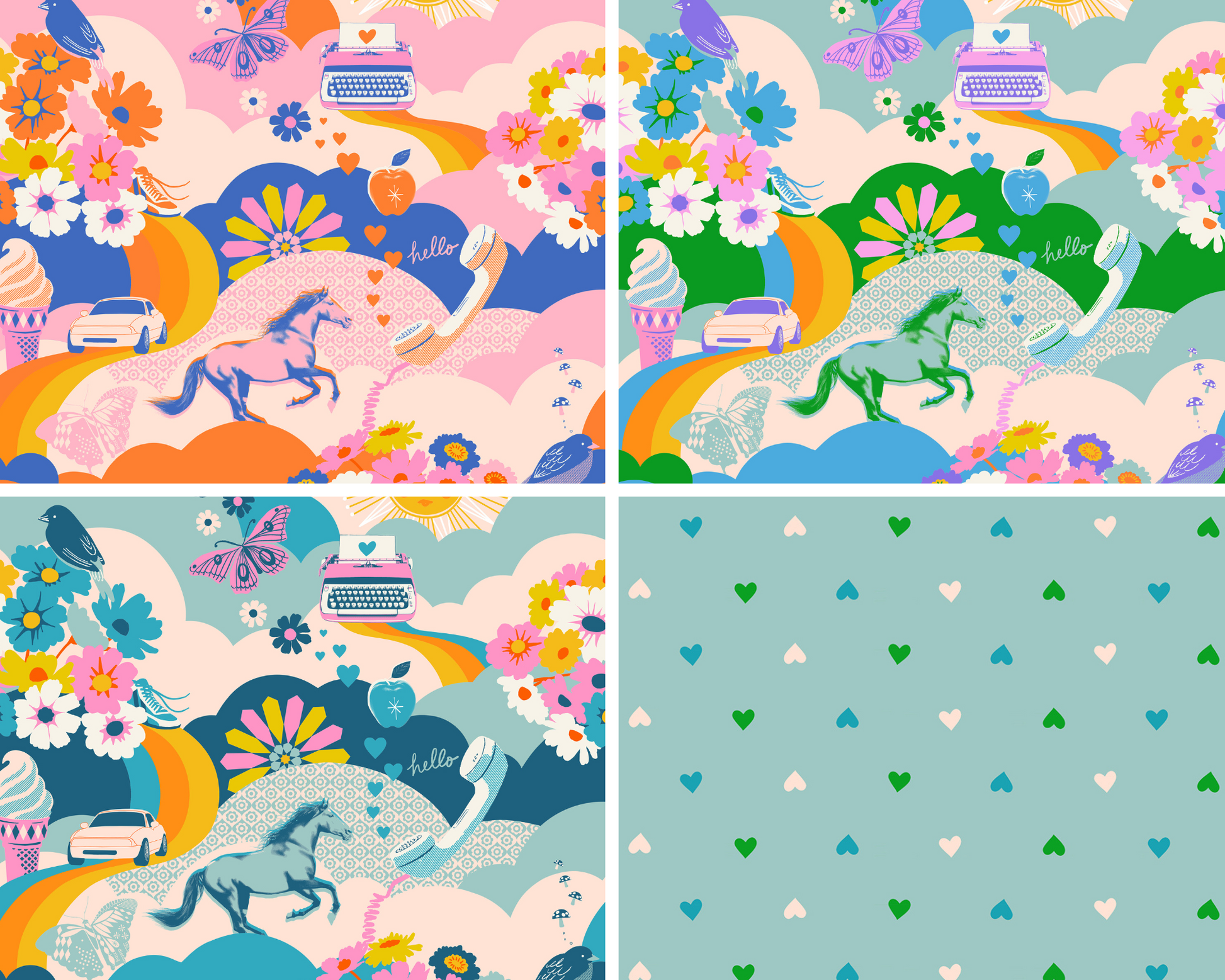 Four colorful patterns with horses, flowers, and hearts on a blue background.