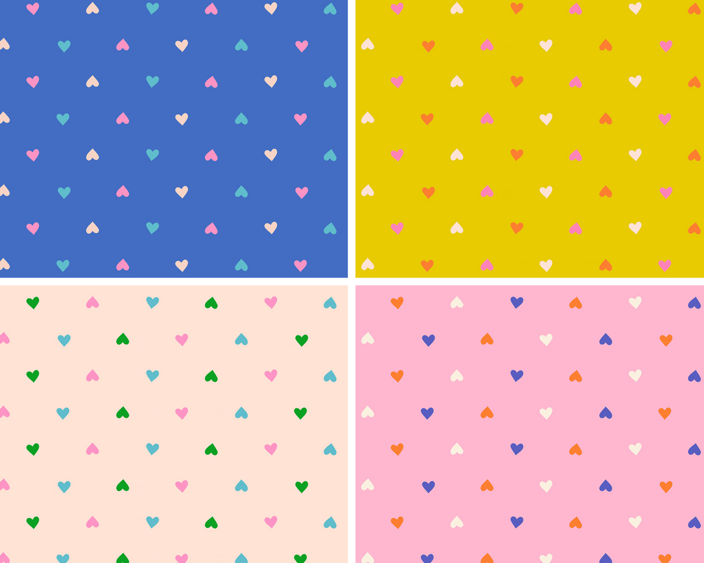 Four different patterns of colorful heart shapes on solid backgrounds.