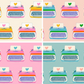 Colorful typewriters with hearts on a patterned background