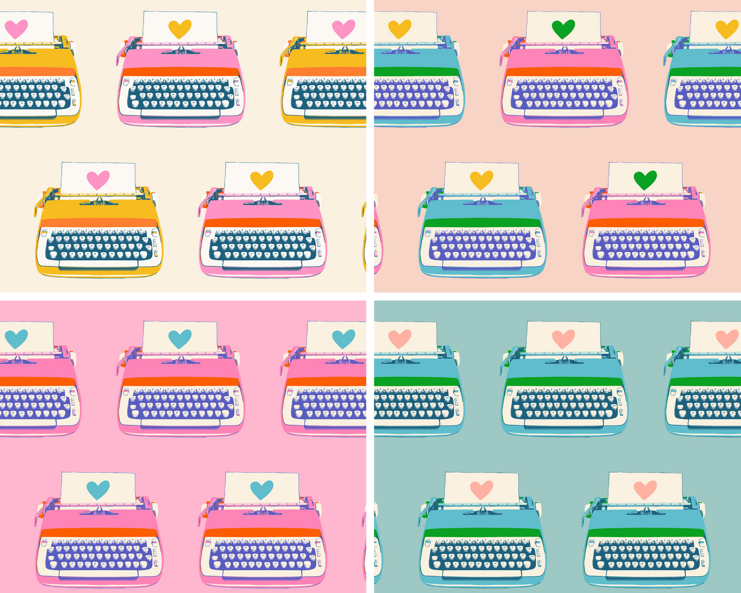 Colorful typewriters with hearts on a patterned background